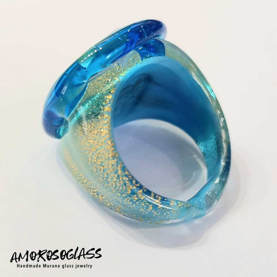 Anello acquamare in vetro di Murano con foglia oro 24Kt.