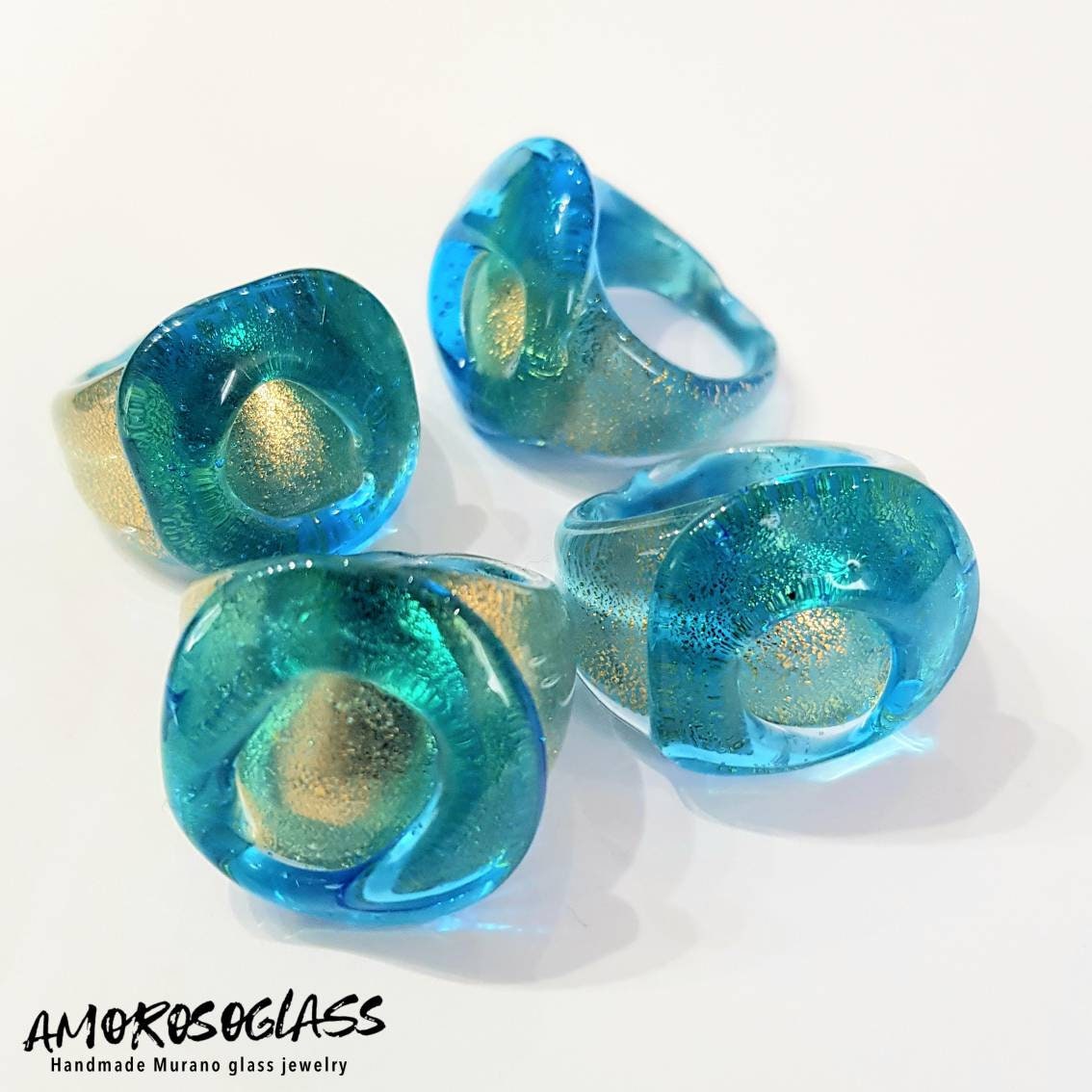 Anello acquamare in vetro di Murano con foglia oro 24Kt.