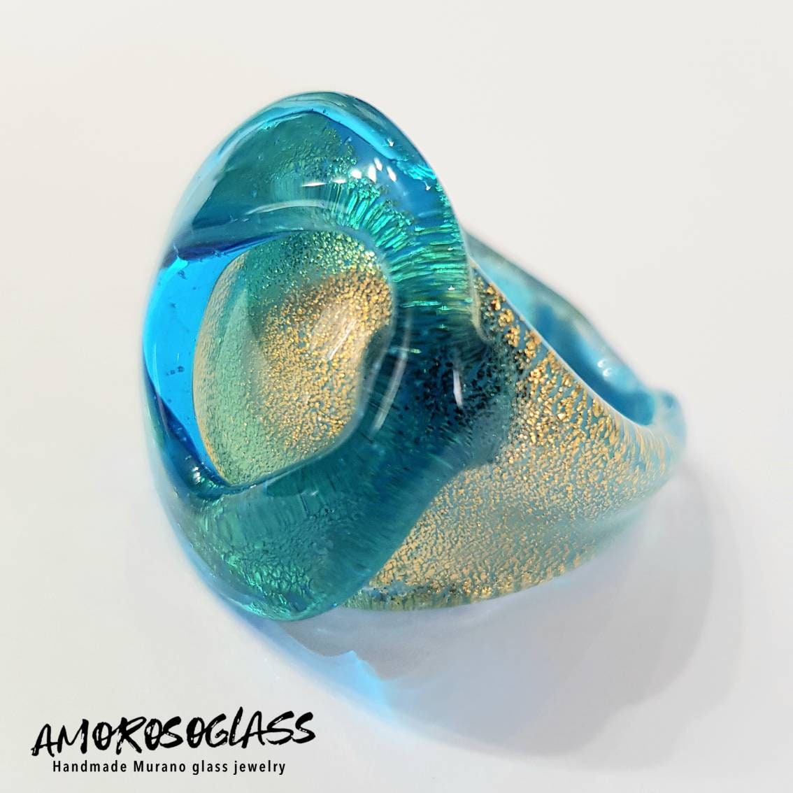 Anello acquamare in vetro di Murano con foglia oro 24Kt.