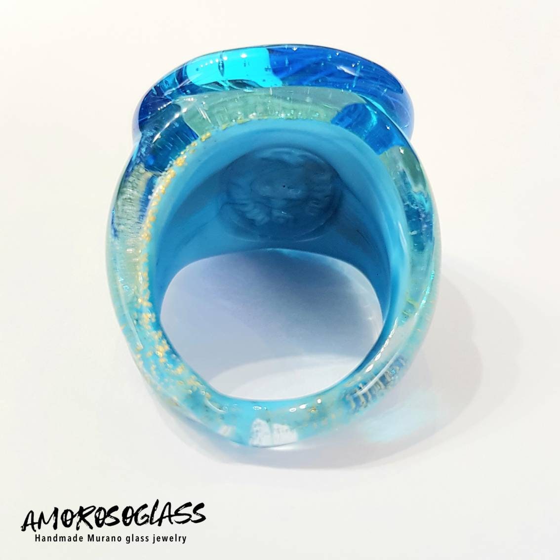 Anello acquamare in vetro di Murano con foglia oro 24Kt.