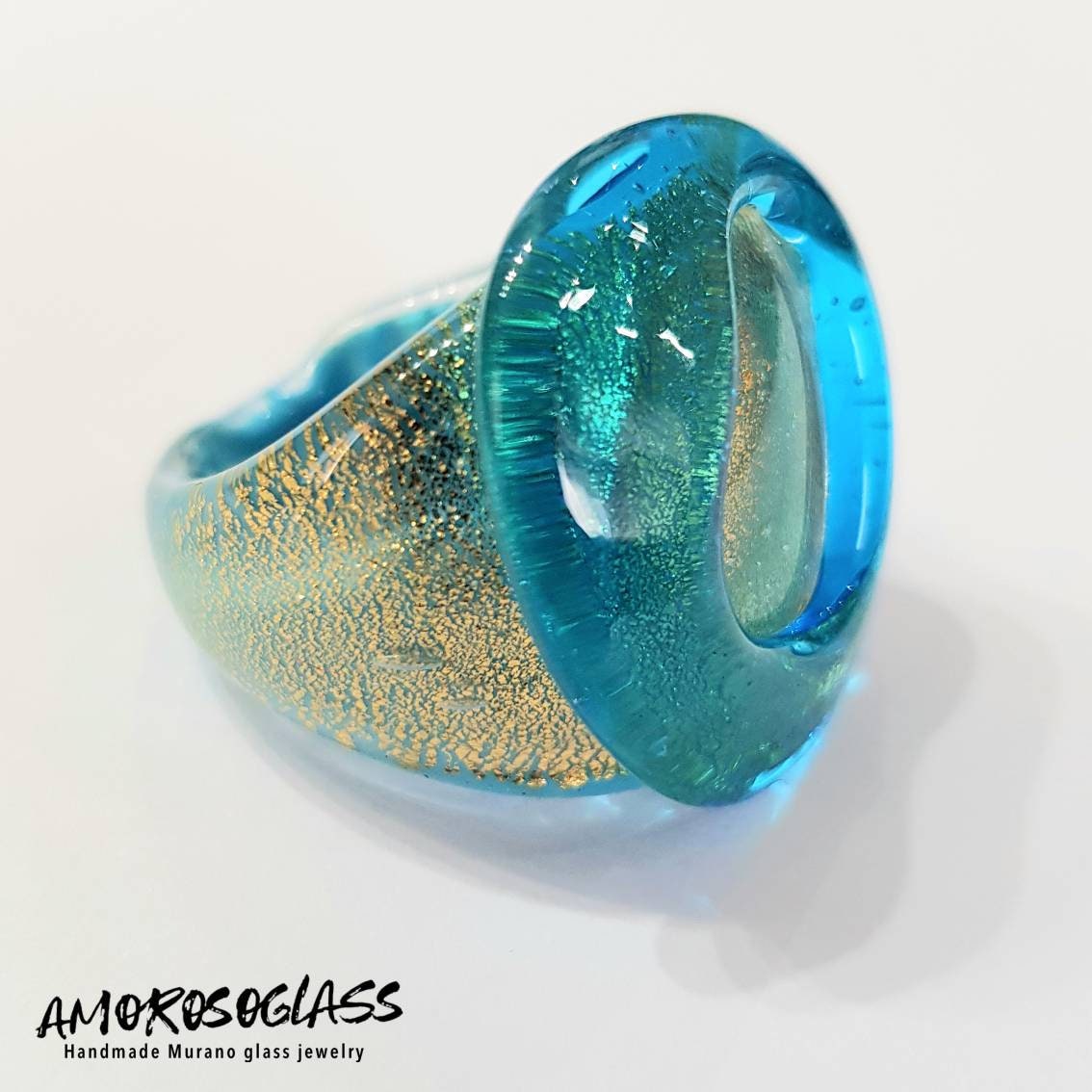 Anello acquamare in vetro di Murano con foglia oro 24Kt.