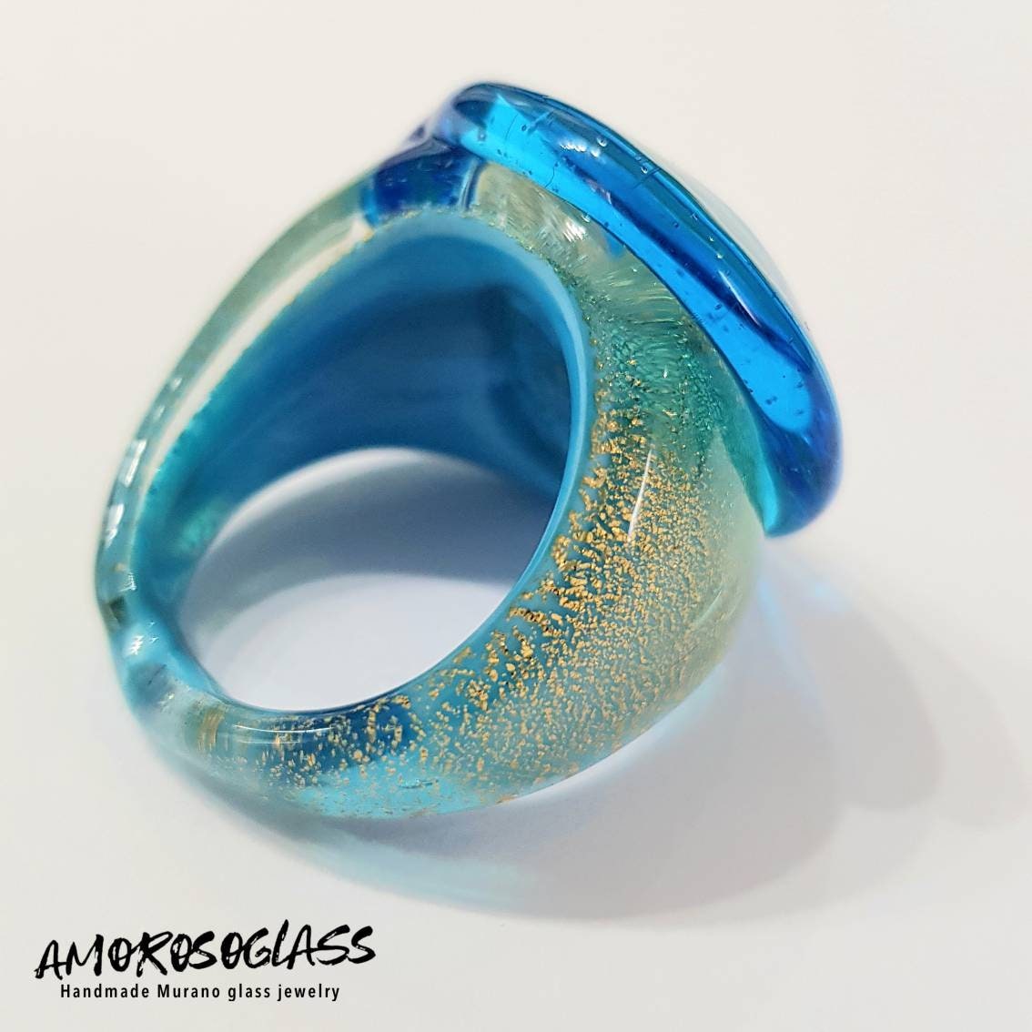 Anello acquamare in vetro di Murano con foglia oro 24Kt.