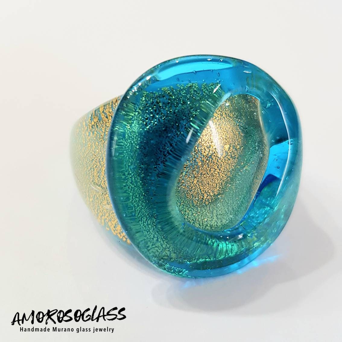 Anello acquamare in vetro di Murano con foglia oro 24Kt.