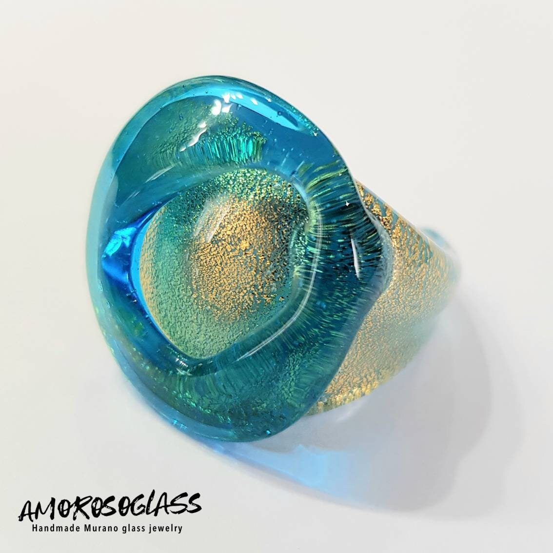 Anello acquamare in vetro di Murano con foglia oro 24Kt.