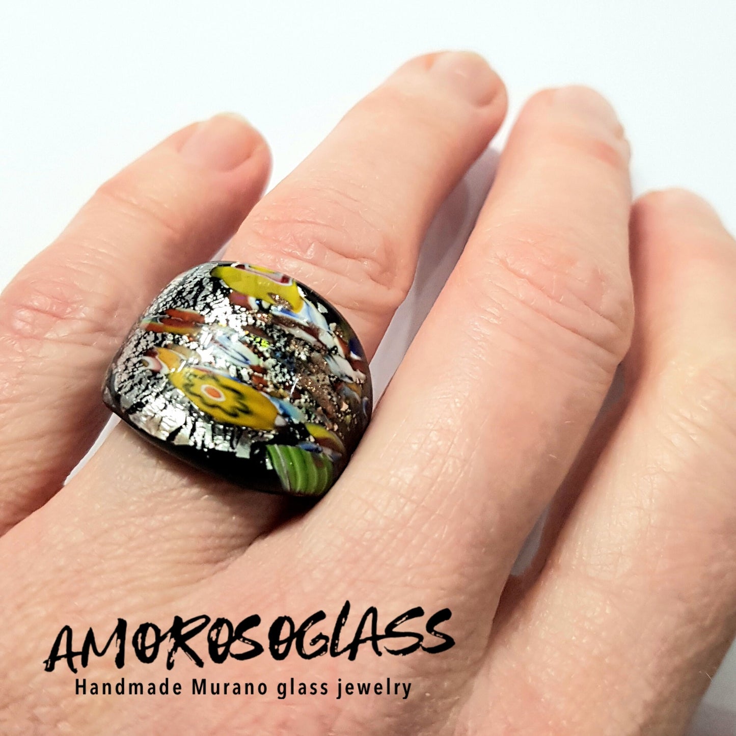 Anello Murrina argento, in vetro di Murano lavorato a lume.