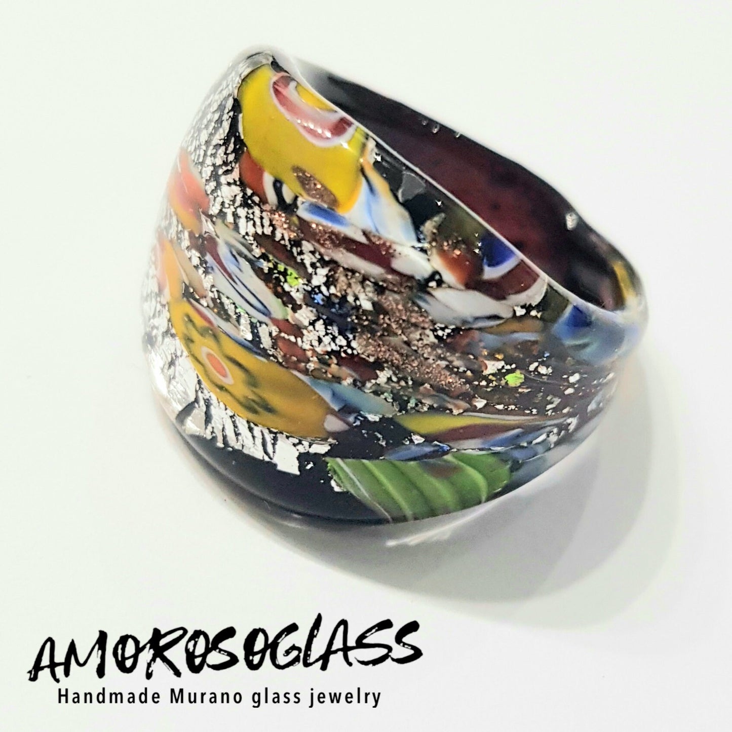 Anello Murrina argento, in vetro di Murano lavorato a lume.