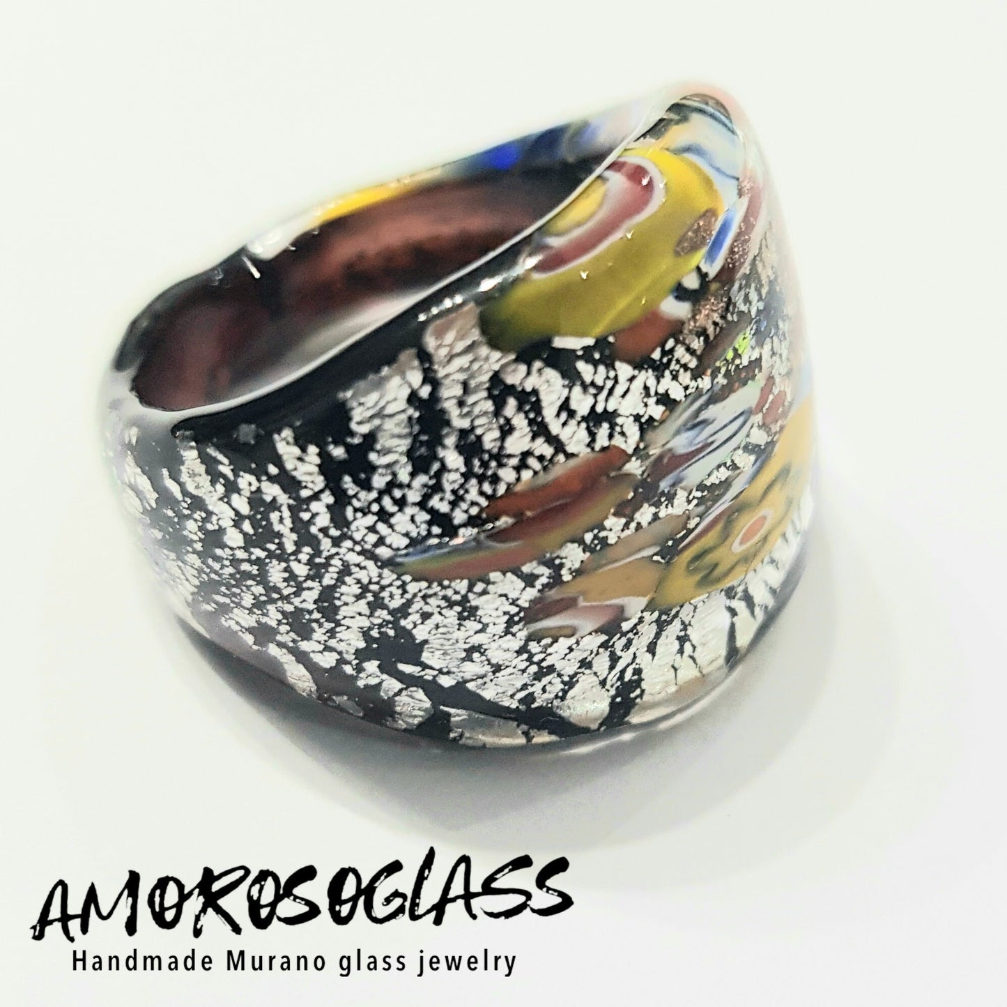 Anello Murrina argento, in vetro di Murano lavorato a lume.