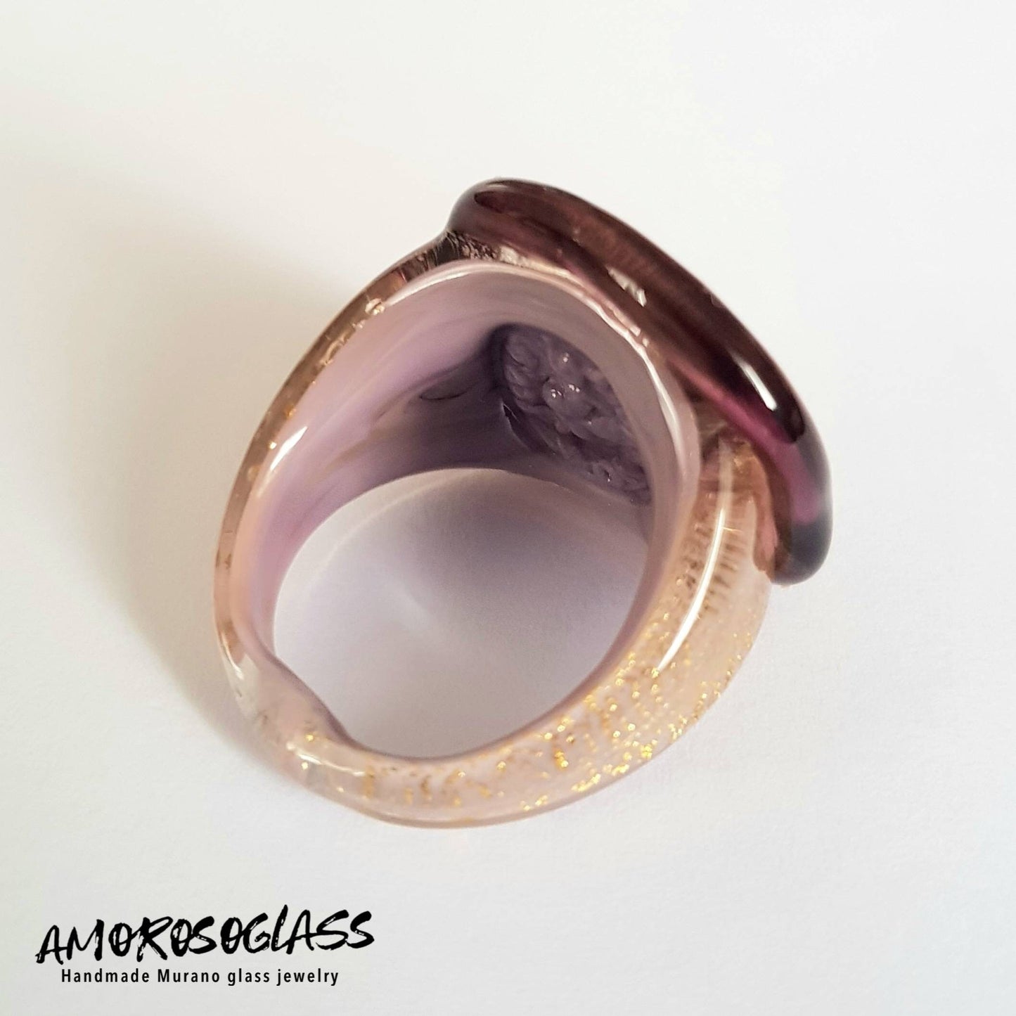 Anello ametista in vetro di Murano con foglia oro 24Kt.