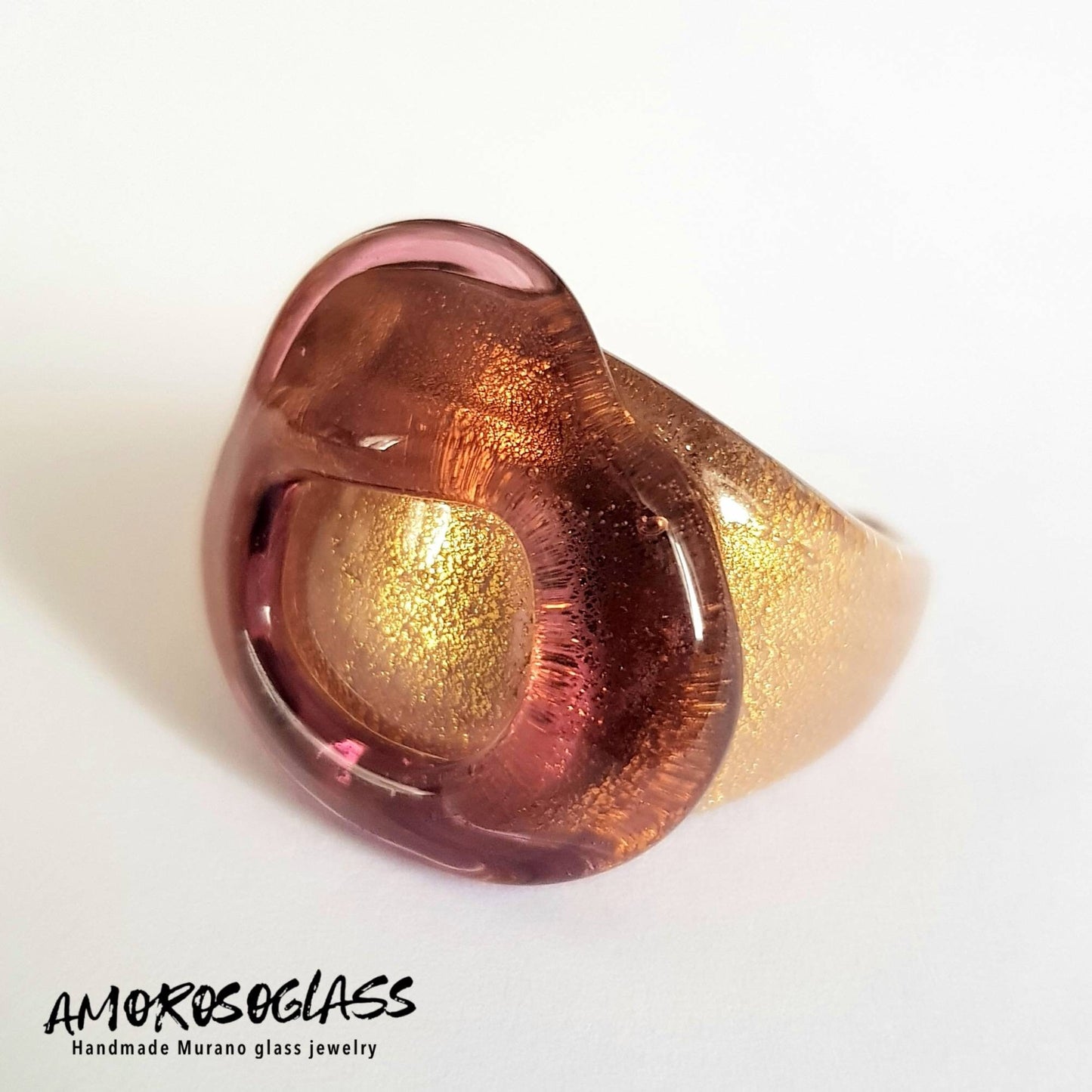 Anello ametista in vetro di Murano con foglia oro 24Kt.