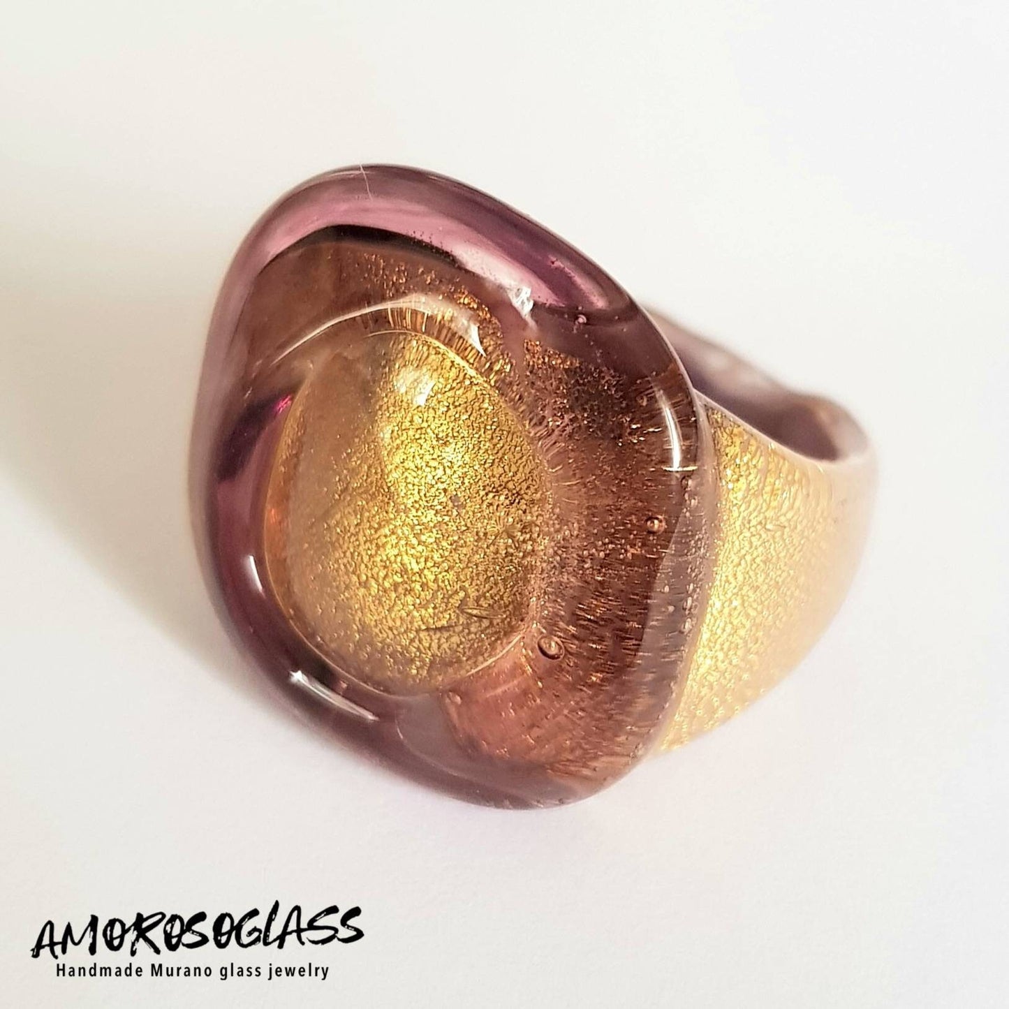 Anello ametista in vetro di Murano con foglia oro 24Kt.