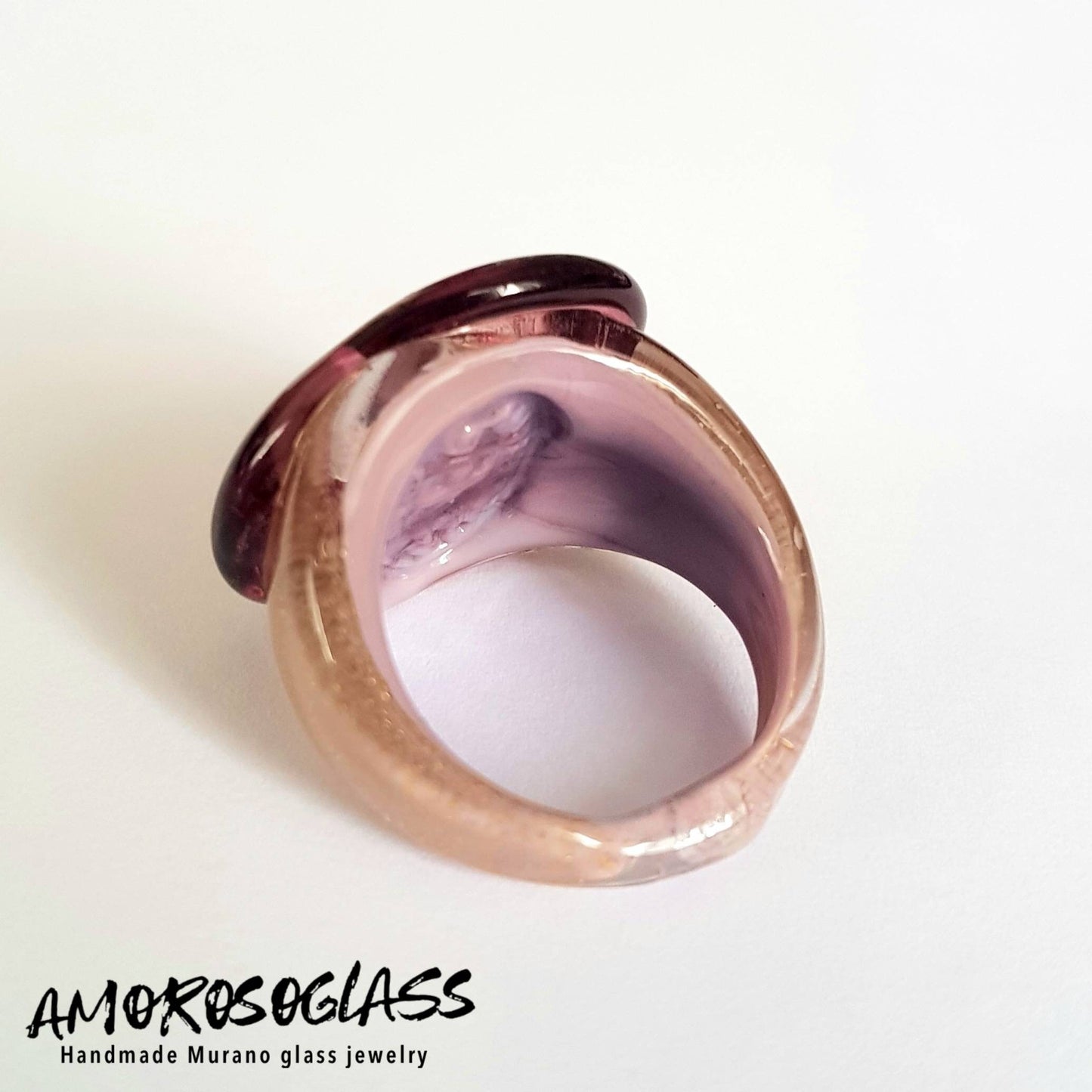 Anello ametista in vetro di Murano con foglia oro 24Kt.