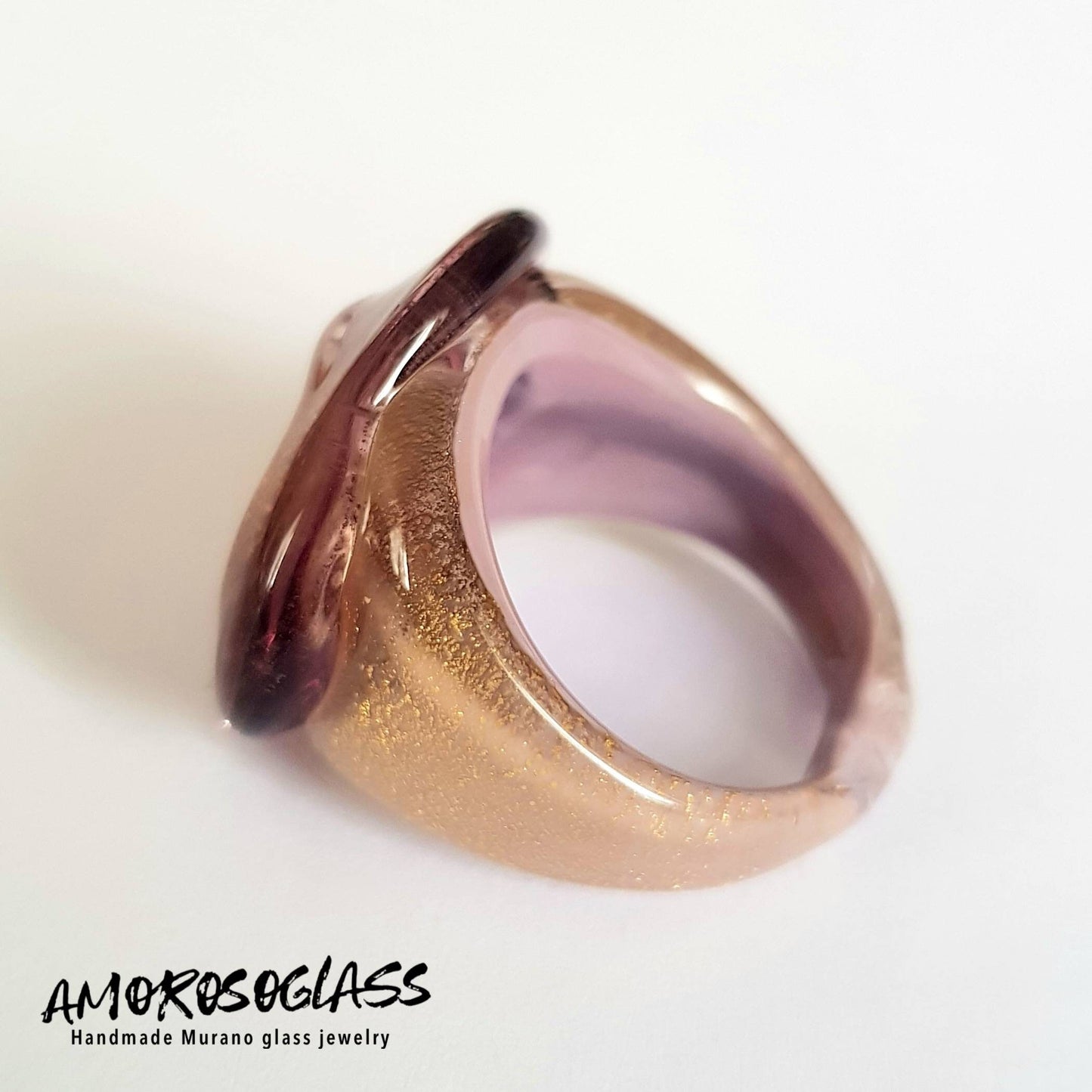 Anello ametista in vetro di Murano con foglia oro 24Kt.