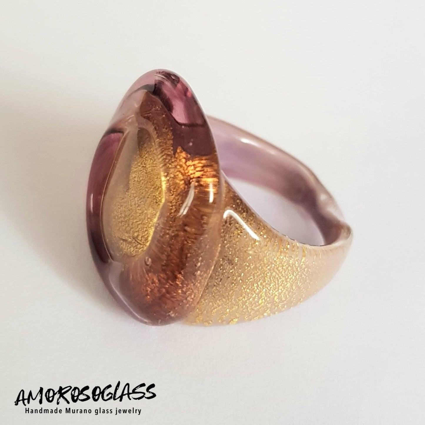 Anello ametista in vetro di Murano con foglia oro 24Kt.