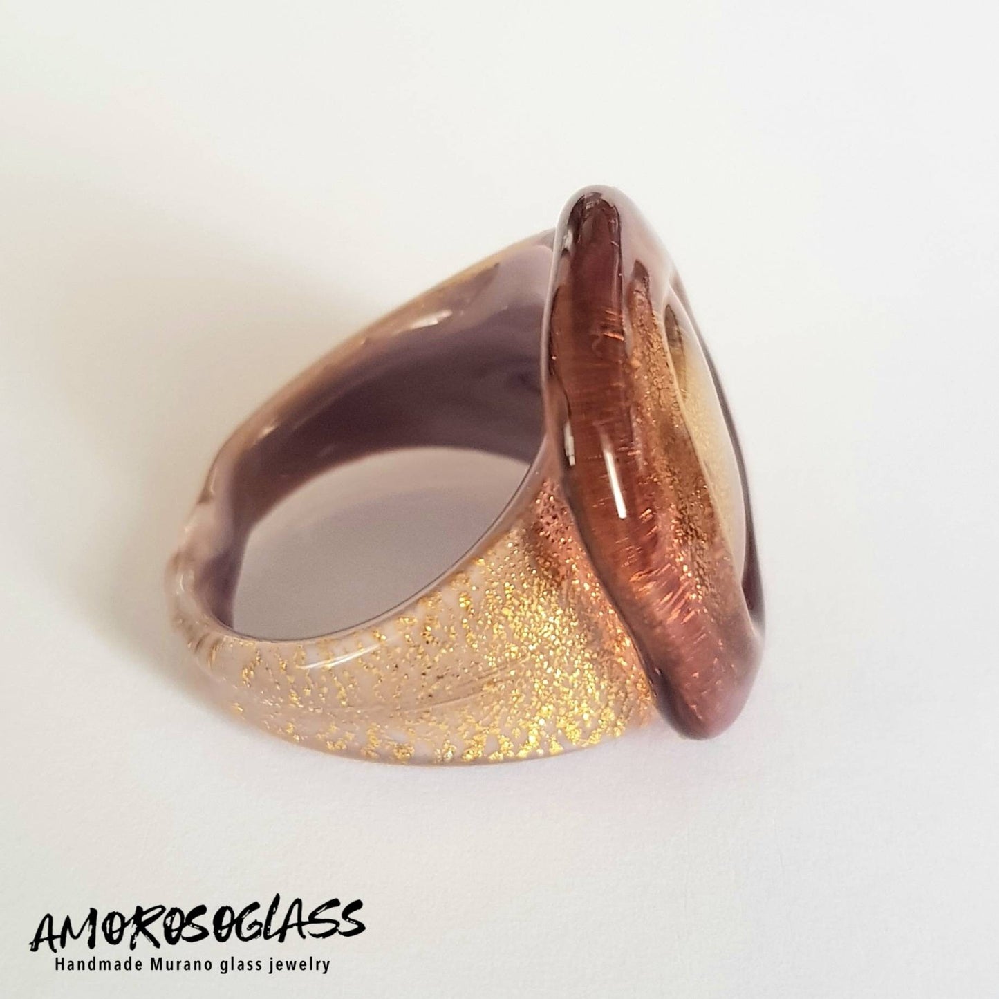 Anello ametista in vetro di Murano con foglia oro 24Kt.