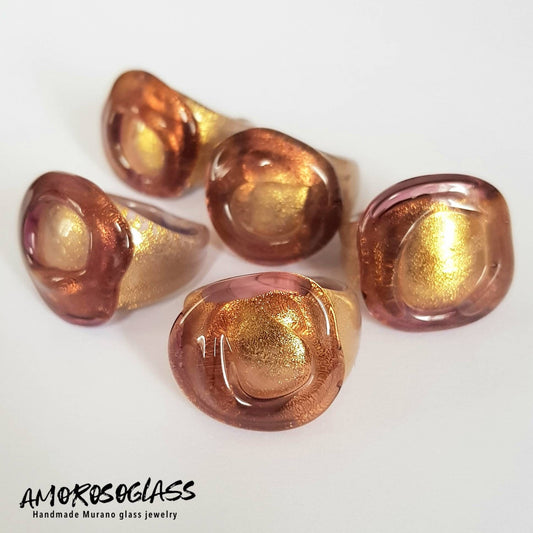 Anello ametista in vetro di Murano con foglia oro 24Kt.