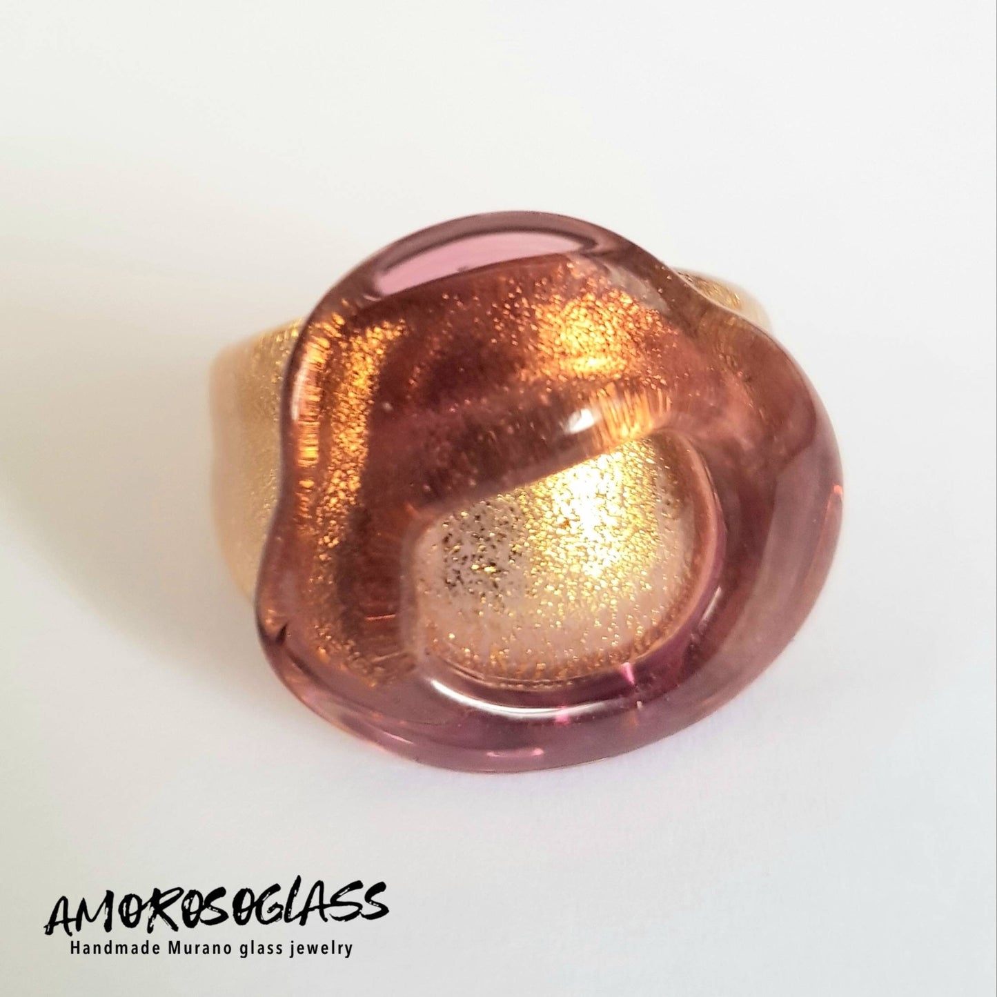 Anello ametista in vetro di Murano con foglia oro 24Kt.