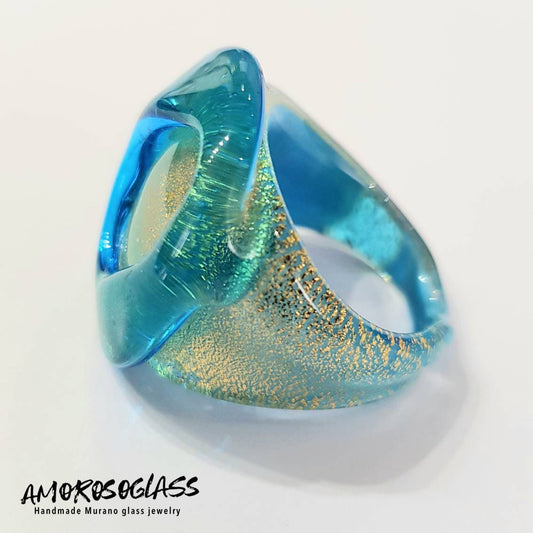 Anello acquamare in vetro di Murano con foglia oro 24Kt.